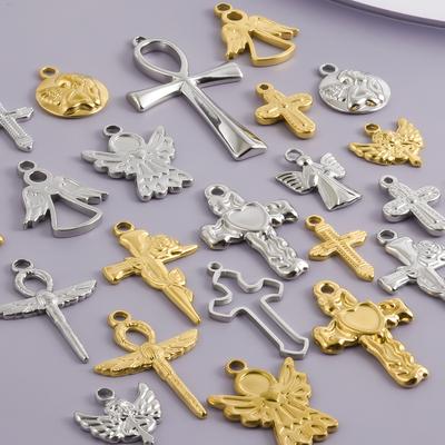6 Stück Nicht verblassend Flügel Engel Ankh Kreuz Anhänger Edelstahl Charms Für Schmuckherstellung Zubehör Handgefertigte Halskette Ohrring Material