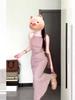 French Gentle Wind Pink Neck Sling Dress, Beautiful Temperament, Light and Mature, Waist and Thin, Hip-wrapped Long Skirt