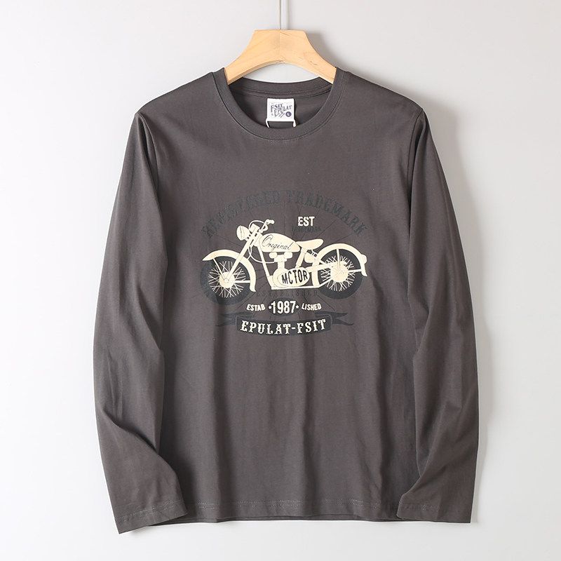 Men's Vintage Motorcycle Style Cotton Printed Base Shirt, Spring and Autumn American Casual Loose Long-Sleeve T-Shirt