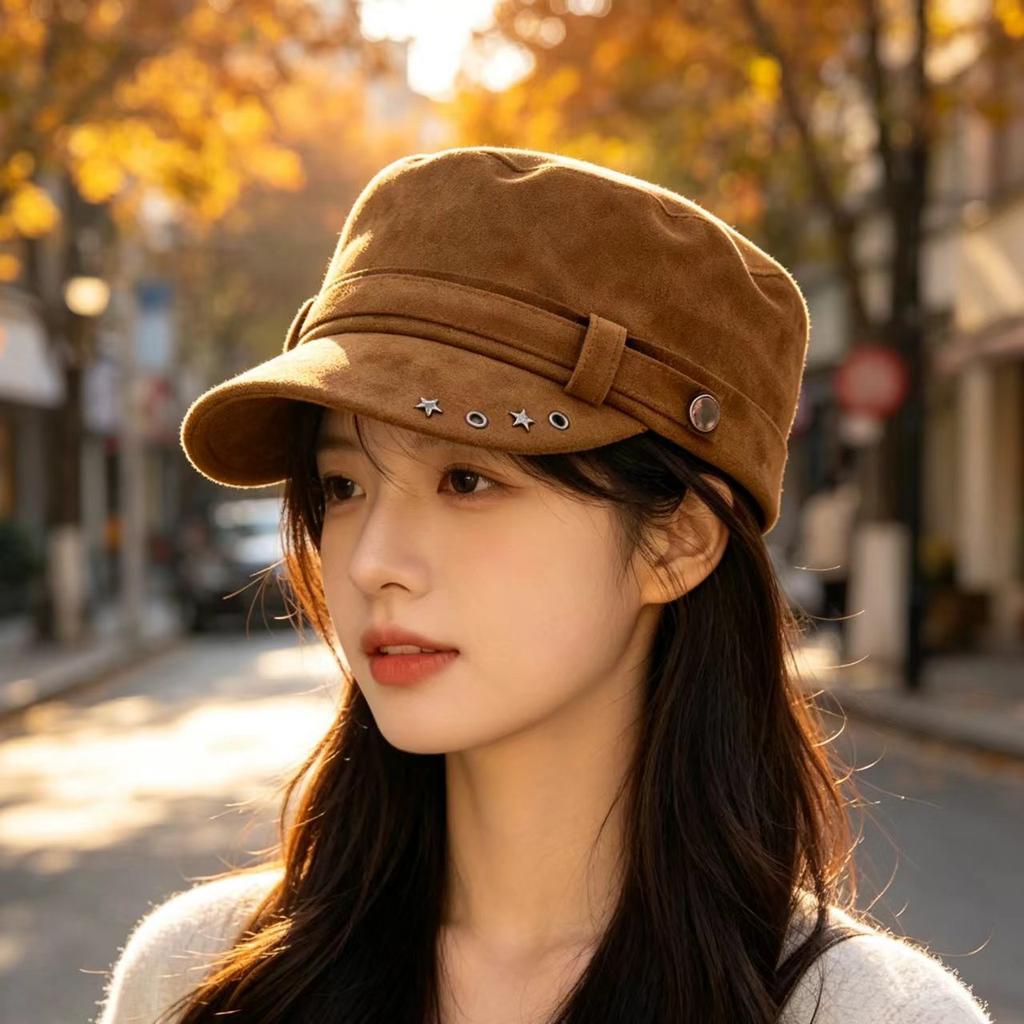 Trendy retro flat top hat women's spring and autumn personality versatile solid color equestrian hat showing face ducktongue newsboy hat tide