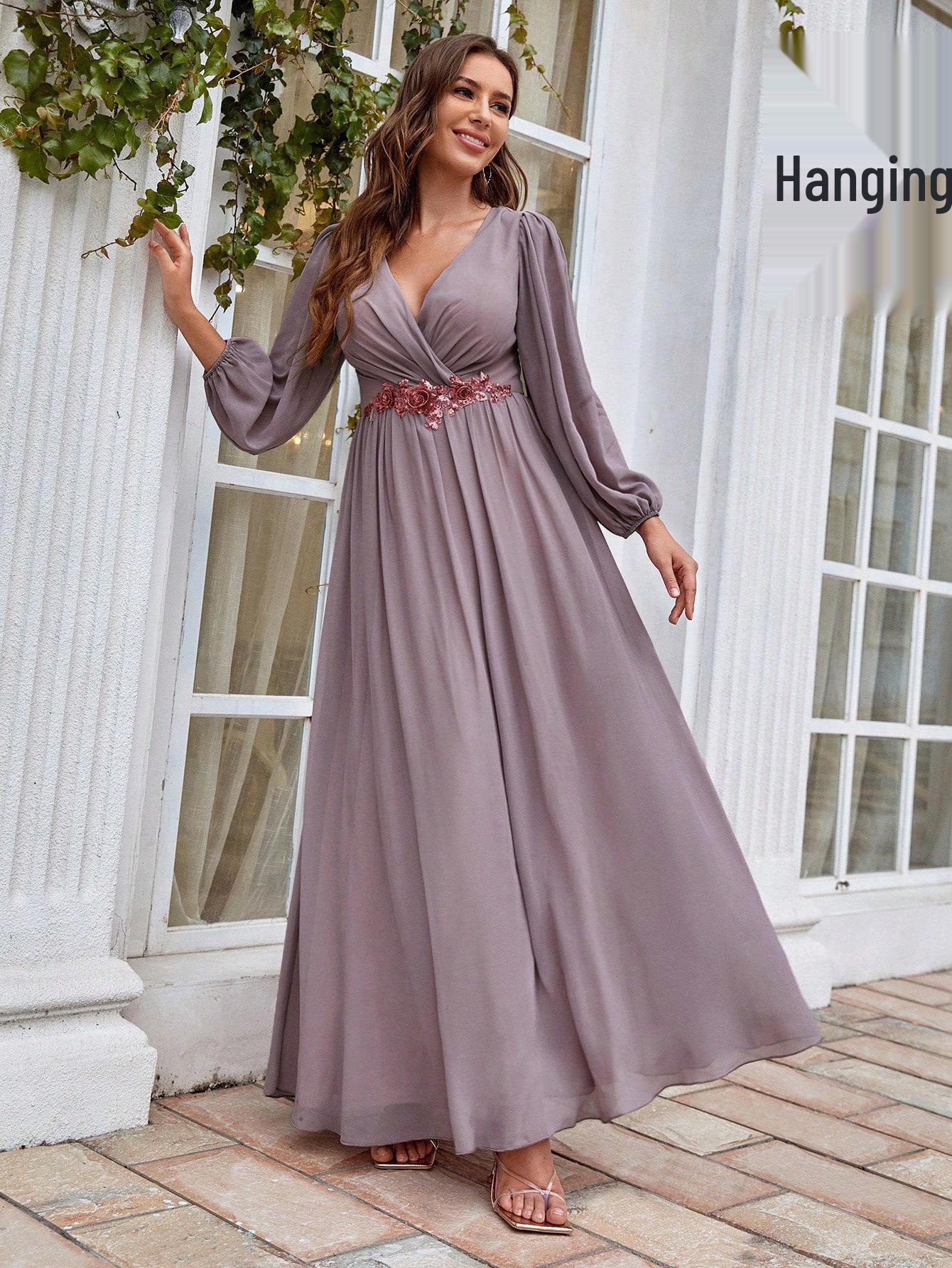 

Элегантное вечернее платье из шифона с V-образным вырезом, плечами в форме листьев лотоса и складками на груди, с завязкой-бантом сзади и длинной юбкой S светло-фиолетовый