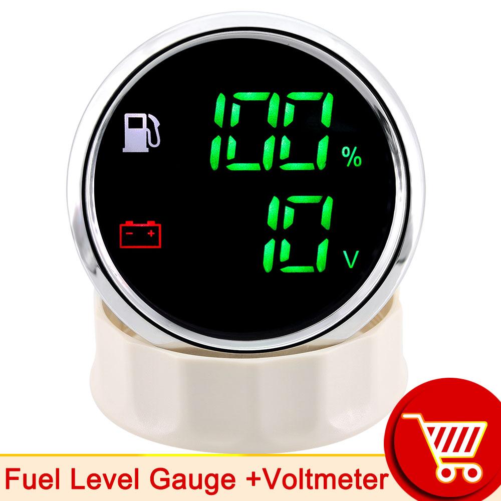 52mm 2in1 Gauge Digital Fuel Level Water Level Gauge With Alarm Water Temp Holding Tank Level Gauge Voltmeter for Car Boat Yach