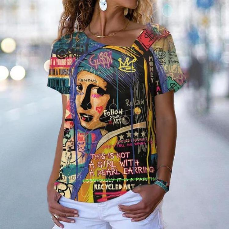 Streetwear Damskie Luźne Codzienne Koszulki V-neck z Kwiatowym Wzorem Krótki Rękaw