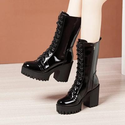 Fashion 10cm Small Size 32-43 Fall Winter Genuine Leather Boots Platform Shoes Womens Block High Heels Mid Leg Boots Office Model