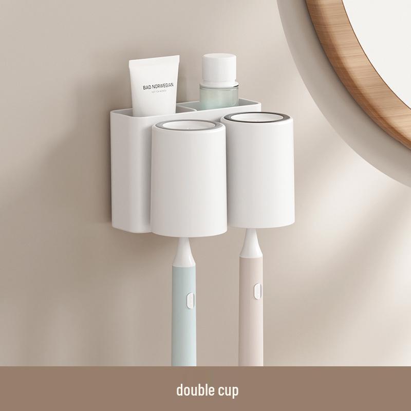 Wall-Mounted Toothbrush & Tooth Cup Holder Set - Punch-Free Installation, Home Storage Solution