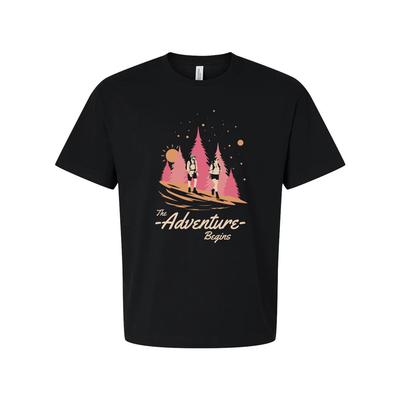 Unisex Outdoors Graphic Tee With The Adventure Begins Forest Scene And Hikers De