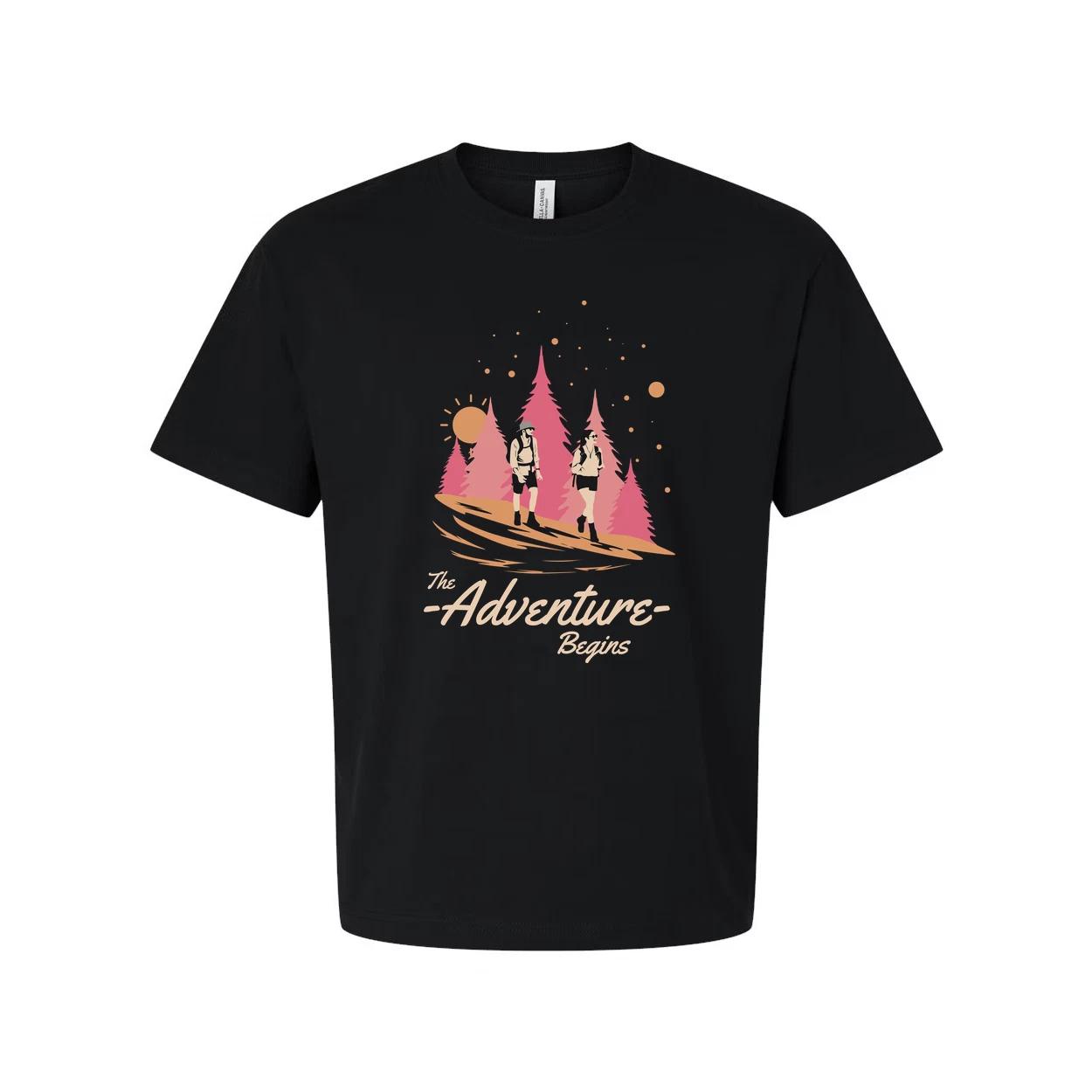 Unisex Outdoors Graphic Tee With The Adventure Begins Forest Scene And Hikers De 4XL