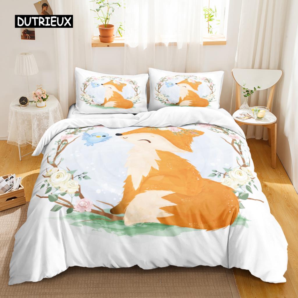 Fox Duvet Cover Set Kids Cartoon Fox Comforter Cover Cute Orange Wildlife Duvet Cover for Boys Animal Twin Polyester Bedding Set
