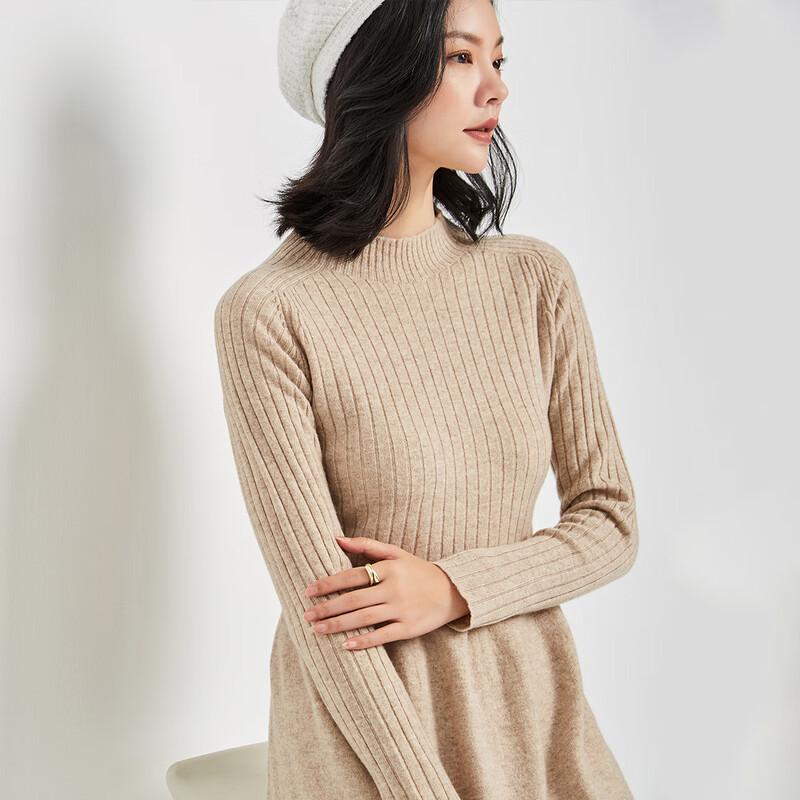 

Jinjuan Women s 100% Merino Wool Ribbed Mock Neck A-Line Sweater Dress L