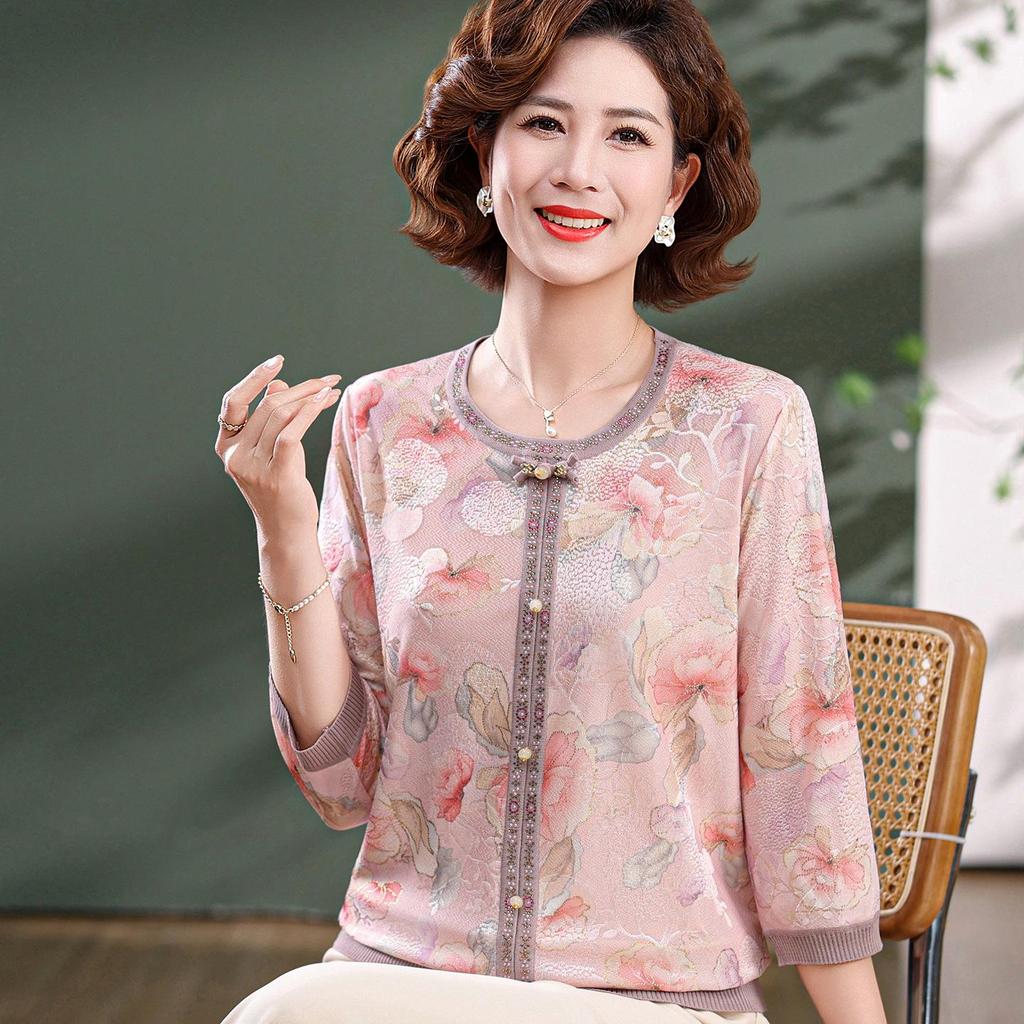 Maternity Rhinestone Seven-Sleeve Round Neck Top for Middle-Aged & Elderly Women - Spring/Summer Loose Age-Reducing T-Shirt