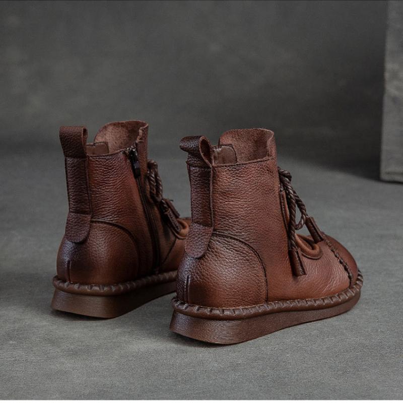 Johnature Flat Bottom Plush Warm Cotton Boots Solid Color Retro Genuine Leather Women's Short Boots