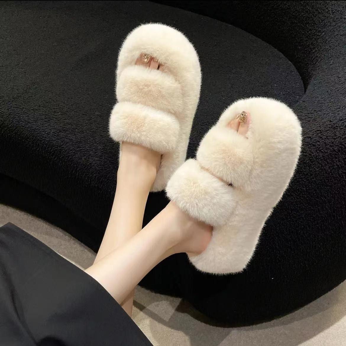

High heel 7 Mao Mao slippers women wear 2025 autumn and winter new non-slip heightening thickened foreign style Internet celebrity cotton slippers 34