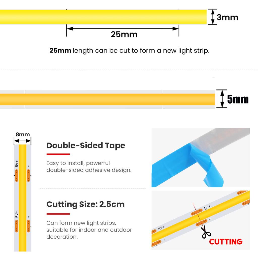 5V Dimmerable COB LED Strip Light 8 Modes With Battery Box 3MM 5MM 8MM White/Red/Blue/Pink/Green Flexible TV Backlight Rope