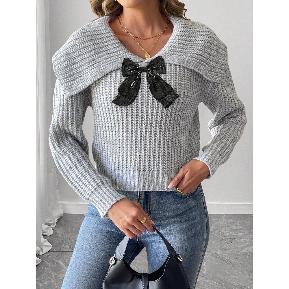 Women’s Cropped Top: Woven Knitwear, Autumn/Winter, Large Lapel, Bow Detail, Patchwork Pullover