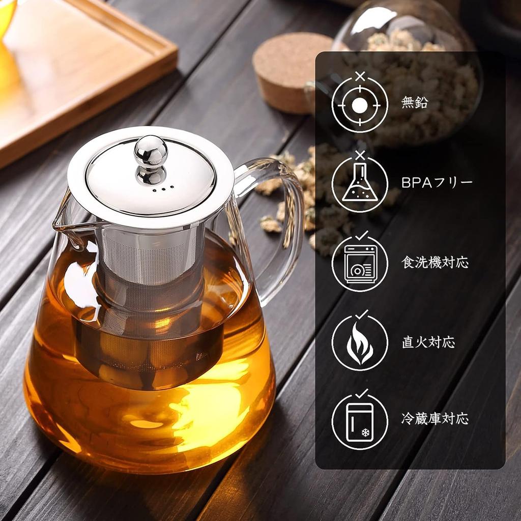 POKALOTEA PK4150M Glass Teapot, Large Capacity (1500ml Full Capacity), with Stainless Steel Strainer, Heat-Resistant (170°C), Serves 4-6, for Black