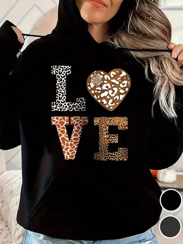 Women Leopard Print Letter Graphic Hoodie Long Sleeve with Pocket Casual Daily Fall Winter Pullover Stylish Sweatshirt Women Top