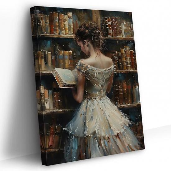 PBXBJY Vintage Female Canvas Wall Art Girl Reading Book Pictures Retro Women Painting Print Classroom Bedroom Gallery Girls Room Decor Frame (24L X