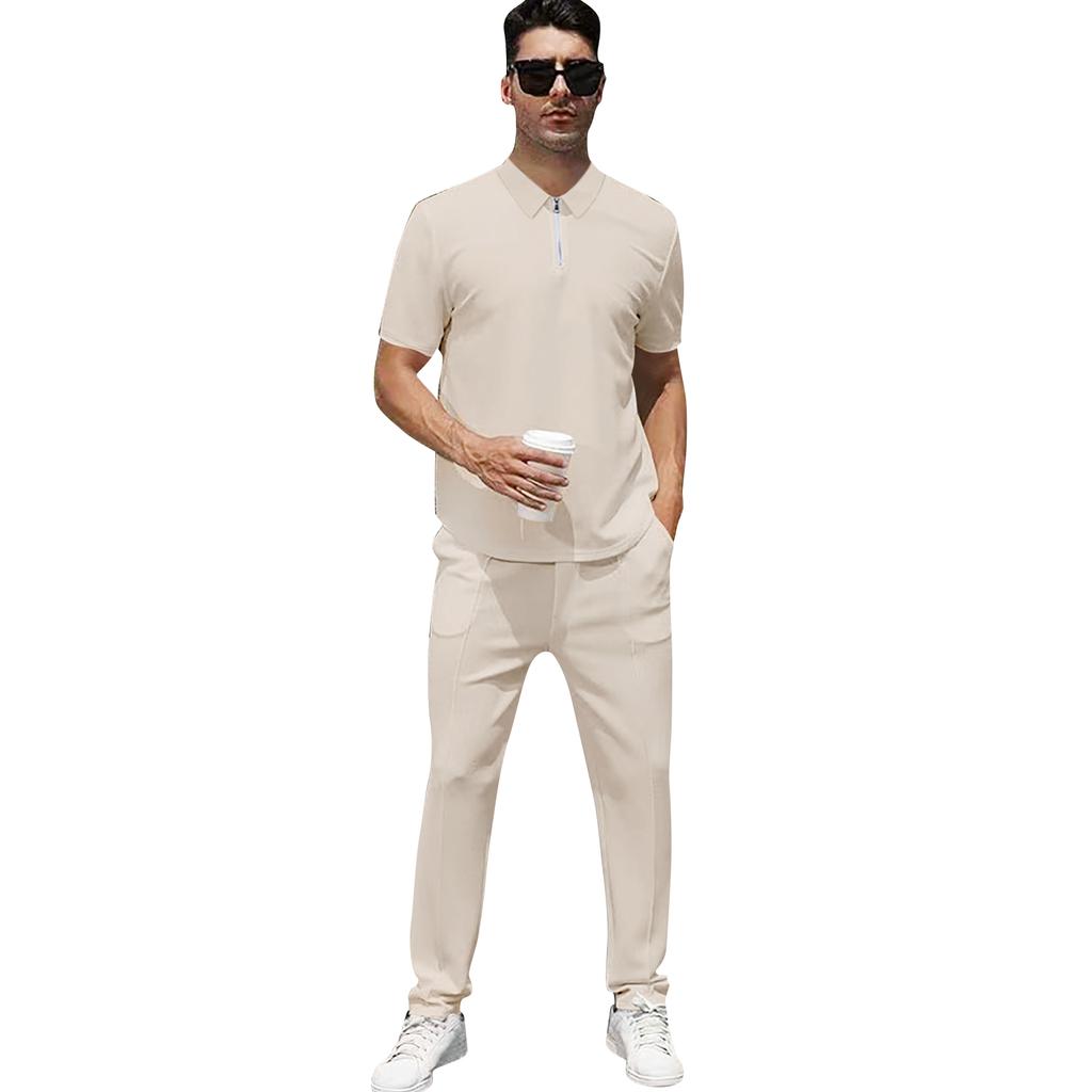Herren-Oberteil mit Kragen und Reißverschluss, kurzärmlig, lässiges Sport-Hosen-Set