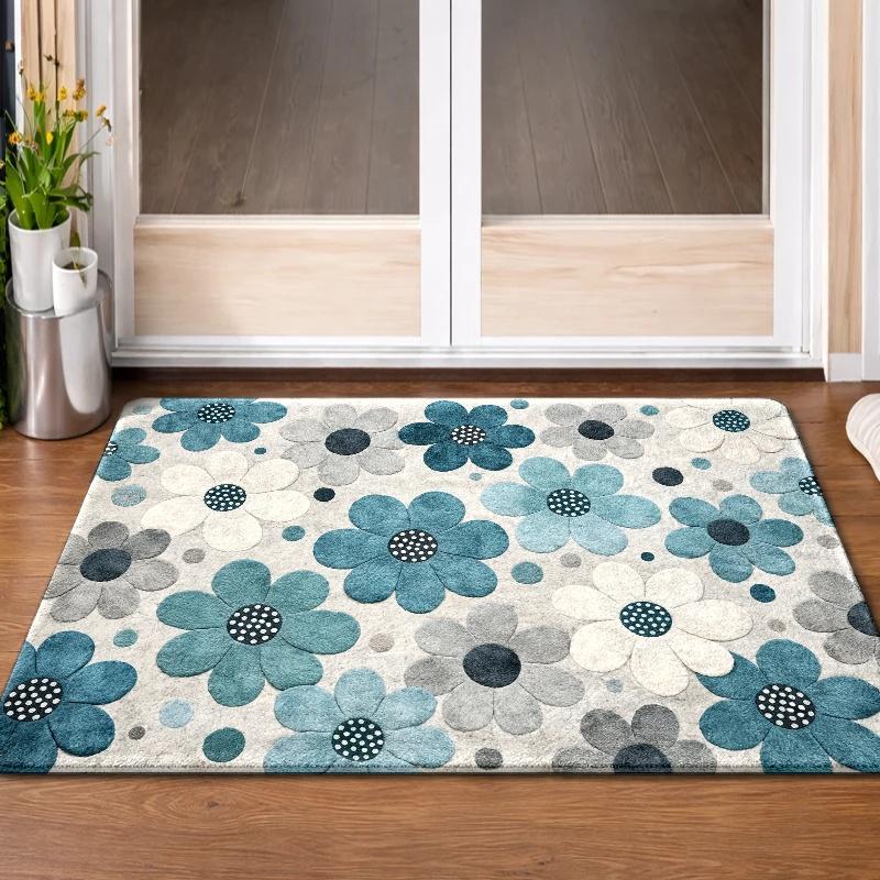 Floral Pattern Area Rug for Entryway or Bathroom - Soft Blue and Gray Flower Design Mat