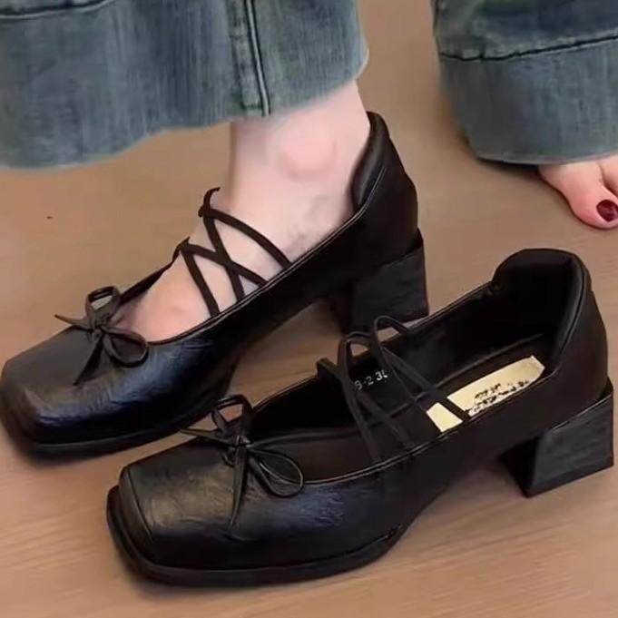 Französische Ballerinas mit dickem Absatz kleine Lederschuhe 2025 neu Schleife leichter Ausschnitt Retro eckige Zehenpartie Mary Jane Schuhe Damen