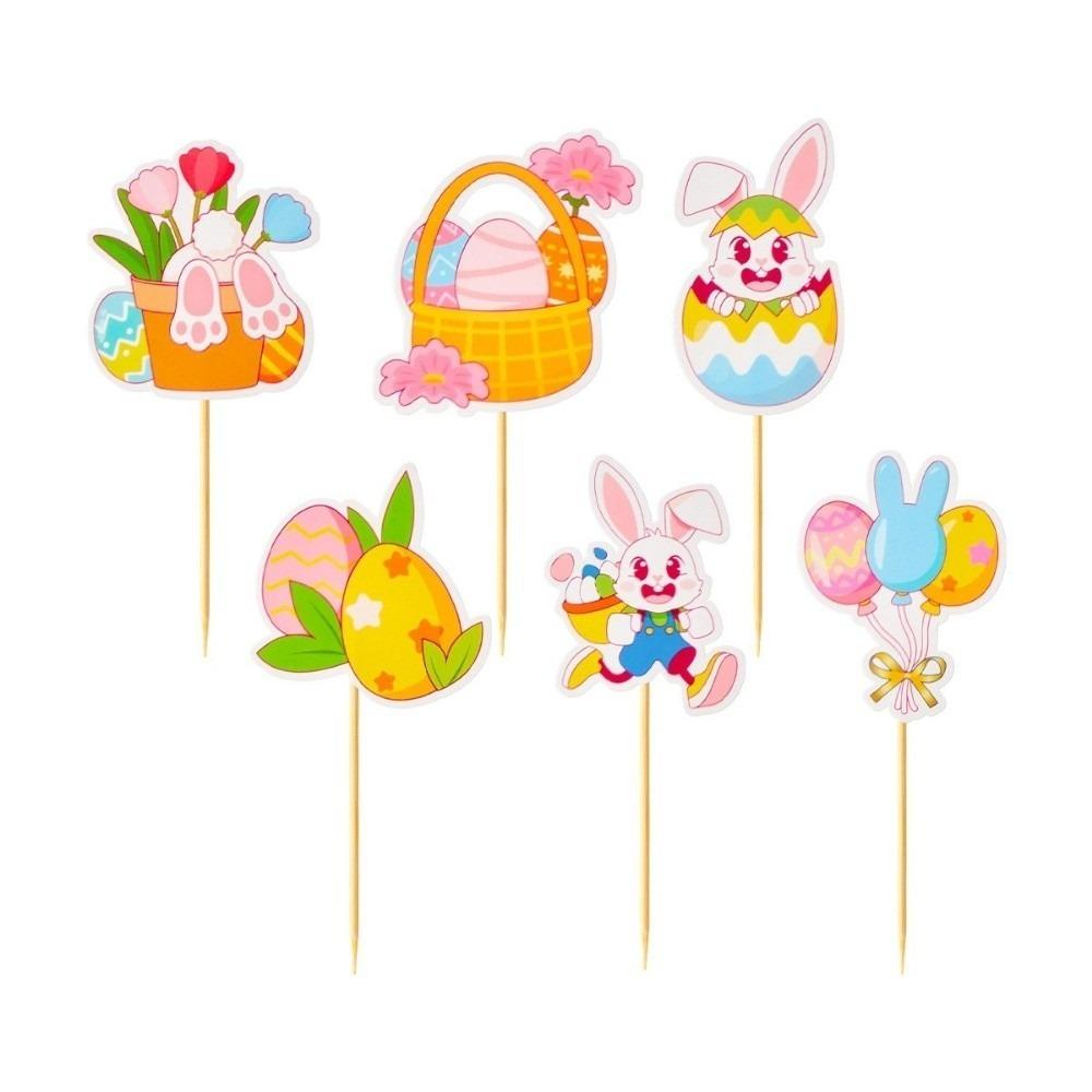 

12Pcs/Set Cartoon Pattern Easter Cake Toppers Bunny Design Thick Cardstock Cupcake Toppers Pre-Assembled Sticks Dessert Supplies