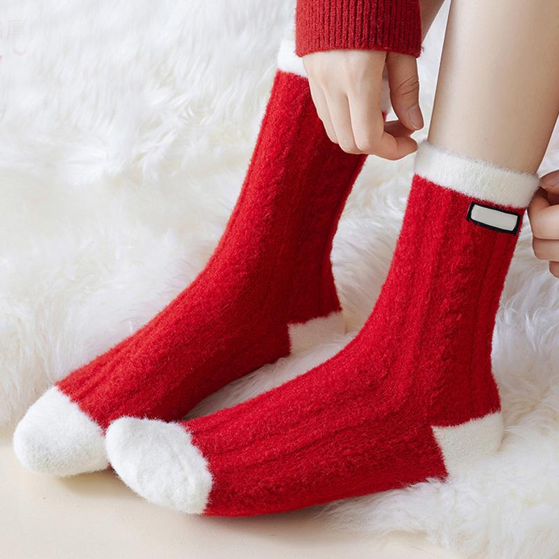 1 Pair Thick Socks for Women Mid Tube Socks Christmas Gift Middle Socks Warm Soft Red White Stripes Winter