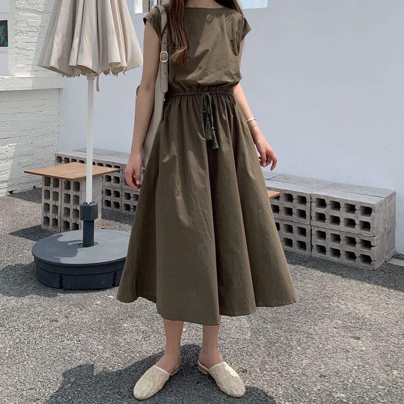 Summer Korean Style New Solid Artistic Student Waist Hugging round Neck Loose Mid-Length Sleeveless Dress Women Dress