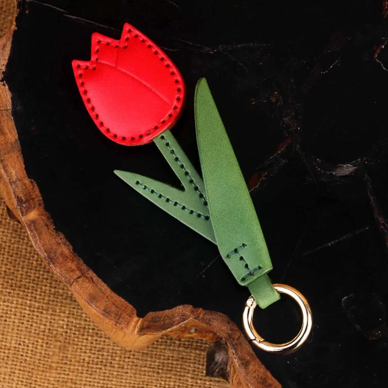 Pu Leather Tulip Flower Keychain Multi-Color Bag Pendant Vintage Cartoon Design Car Keyring Charm Gifts