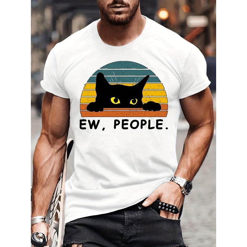 European sizes Men's Casual Trendy Black Cat Print T-shirt, Short Sleeve Crew Neck Hip Hop Style Tees For Summer Holiday Gift