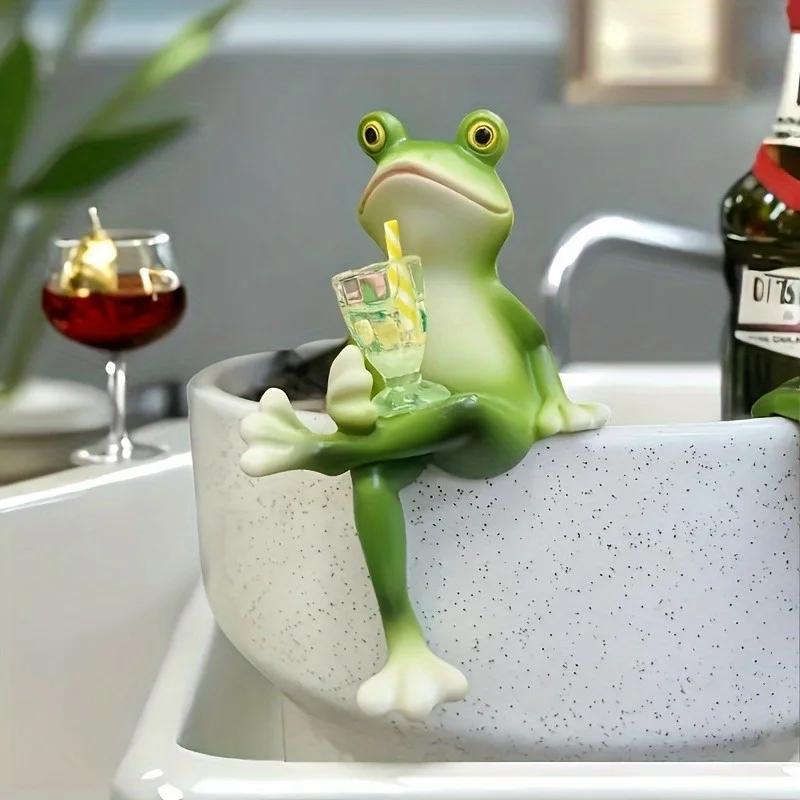 1pc Frogs with Drinks Resin Sculptures Romantic Garden Decor Balcony Plante Festivals and Seasonal Celebrations Home Accessories