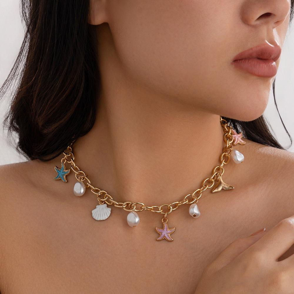 Sweet Ocean Beach Wind Necklace Starfish Shell Pearl Necklace