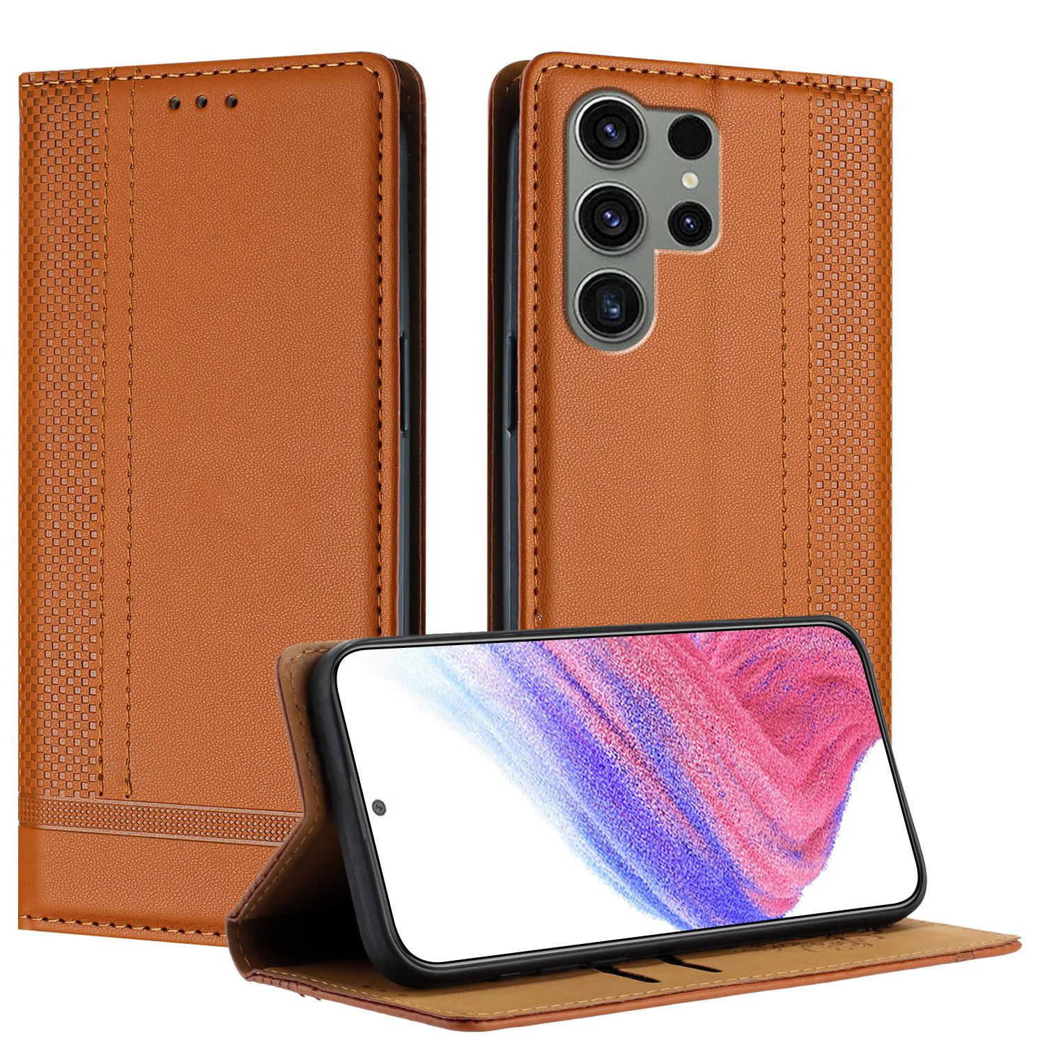 

For Samsung Galaxy S23 Ultra Case L-Shaped Grid Pattern Leather Stand Phone Cover with Card Slots Brown