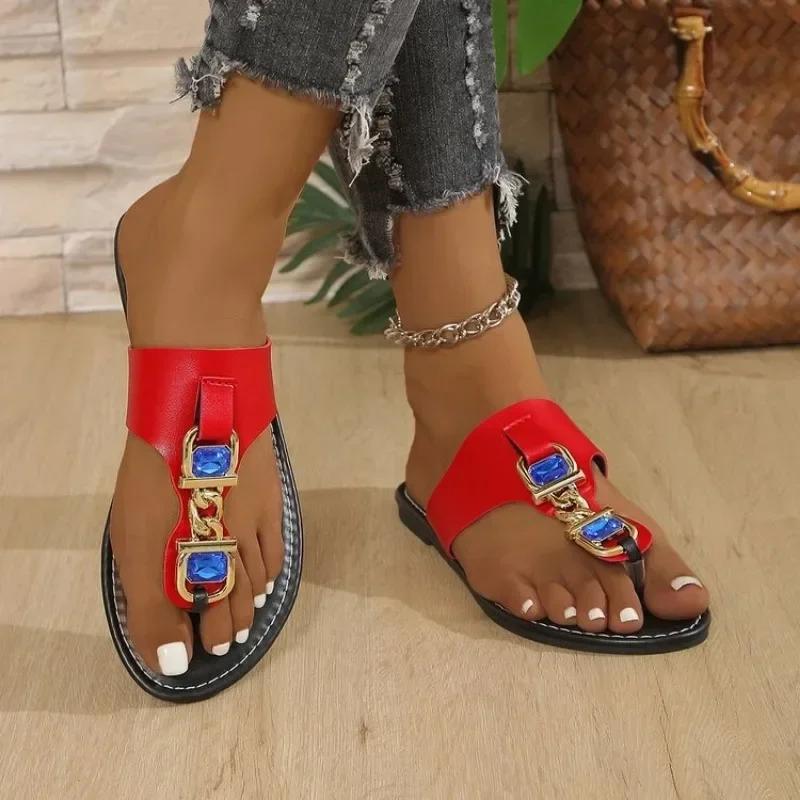 Fashion Shoes Female 2024 Plus Size Flip Flops Women's Slippers Outdoor Casual Slippers Women Crystal Metal Decoration Flat with Sandals