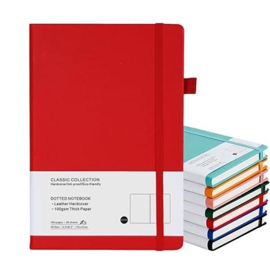 A5 Notebook Hard Cover Dot Grid 80 Pages Inner Elastic Band Ribbon Bookmark Pen Holder Red Suitable diaries work study scenes appropriate as gift