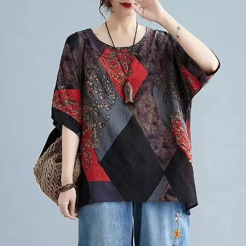Summer Vintage Cotton Linen Women's Blouse Retro Mother Summer Short-sleeved T-shirt Printed Pullover Shirt