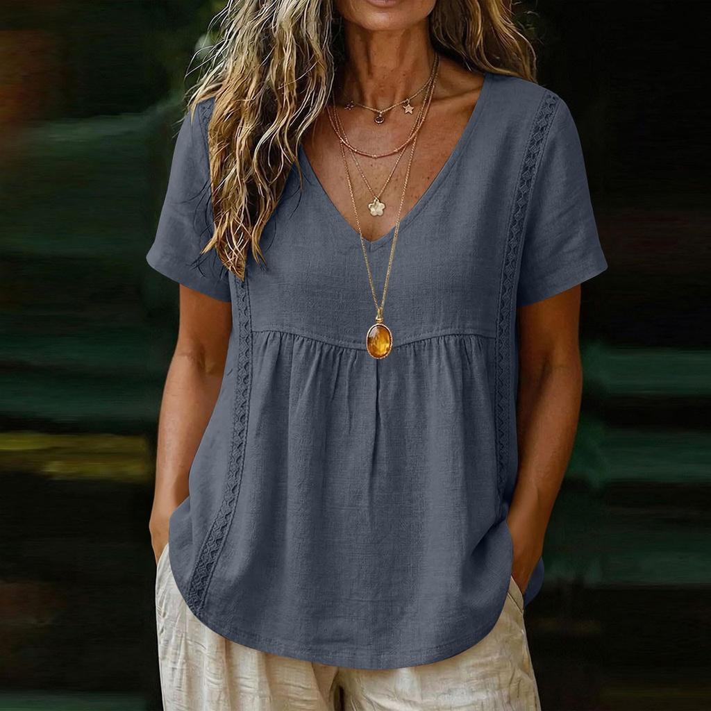 Women Embroidered Short Sleeve V Neck Relaxed Fit Pleated Pullover Blouse Summer Casual Loose Top for Daily Wear
