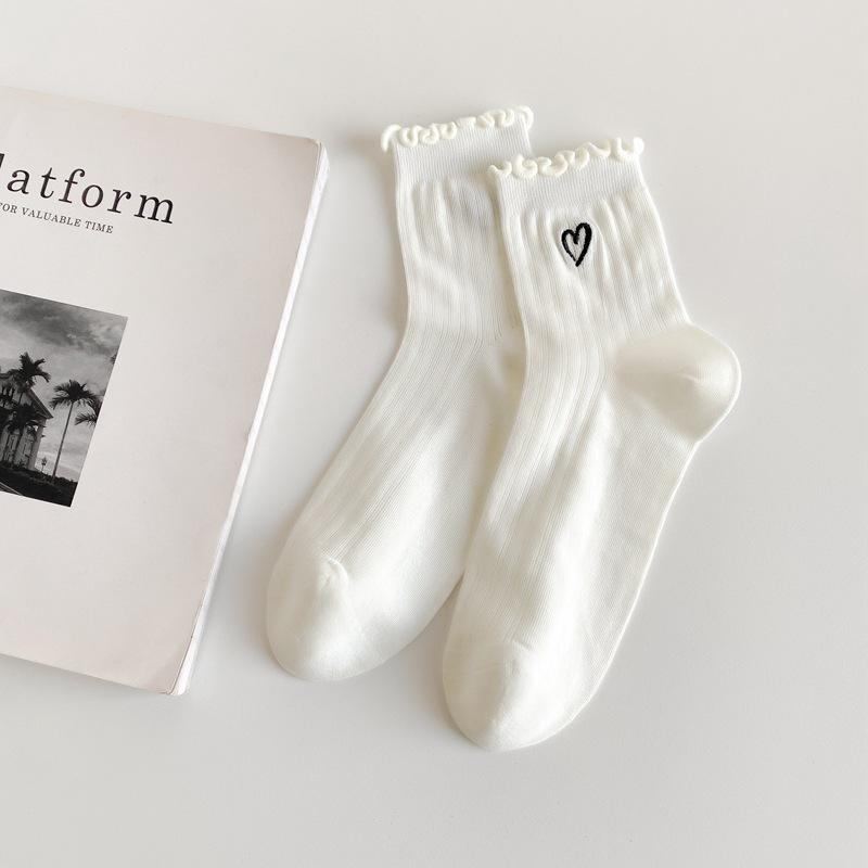 Fungus Edge Love Embroidery Solid Color Vertical Strip Short Socks For Women Versatile Preppy Style Women'S Socks
