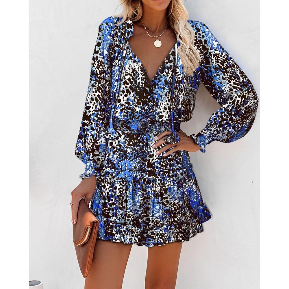 IHUASU Spring Summer Long Sleeve V-neck Fashion Print Waist Dress for Women