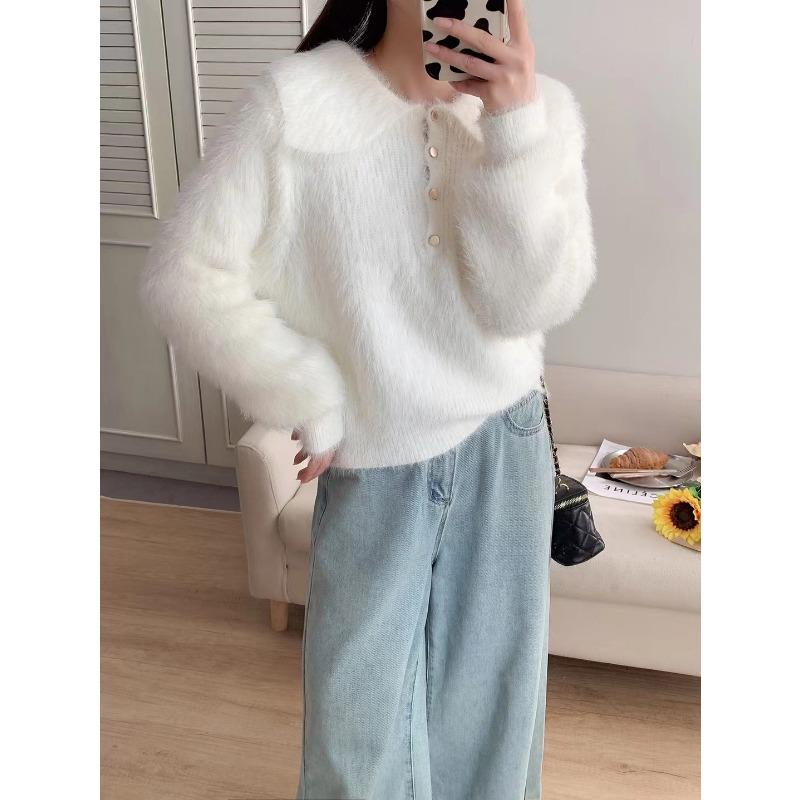 Doll Collar Imitation Mink Fleece Sweater Pullover Autumn and Winter New Loose Soft Waxy High-end Knitted Sweater Top Women