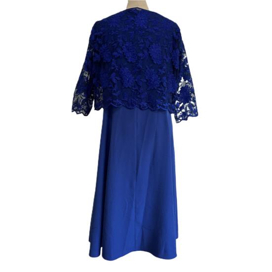 2Pcs/Set Women Plus Size Party Outfit O-neck Short Sleeve Loose Hem Midi Dress Hollow Out Embroidery Lace Floral Coat Set