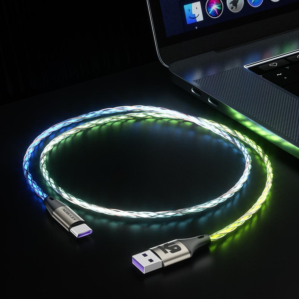 Кабель передачи данных KEYSION PD 66 Вт USB CC с цветным светодиодным RGB-светом и градиентом Type-C для быстрой зарядки iPhone 16 Samsung Huawei Xiaomi USB A To C разноцветный
