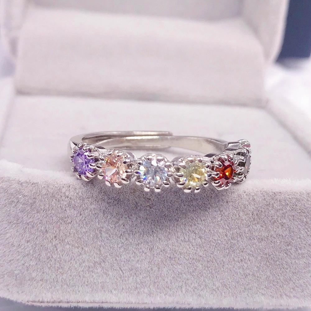 Women Fashion Open Ring Simulated Tourmaline Inlaid Multicolor Zircon High Carbon Diamond Stackable Finger Ring