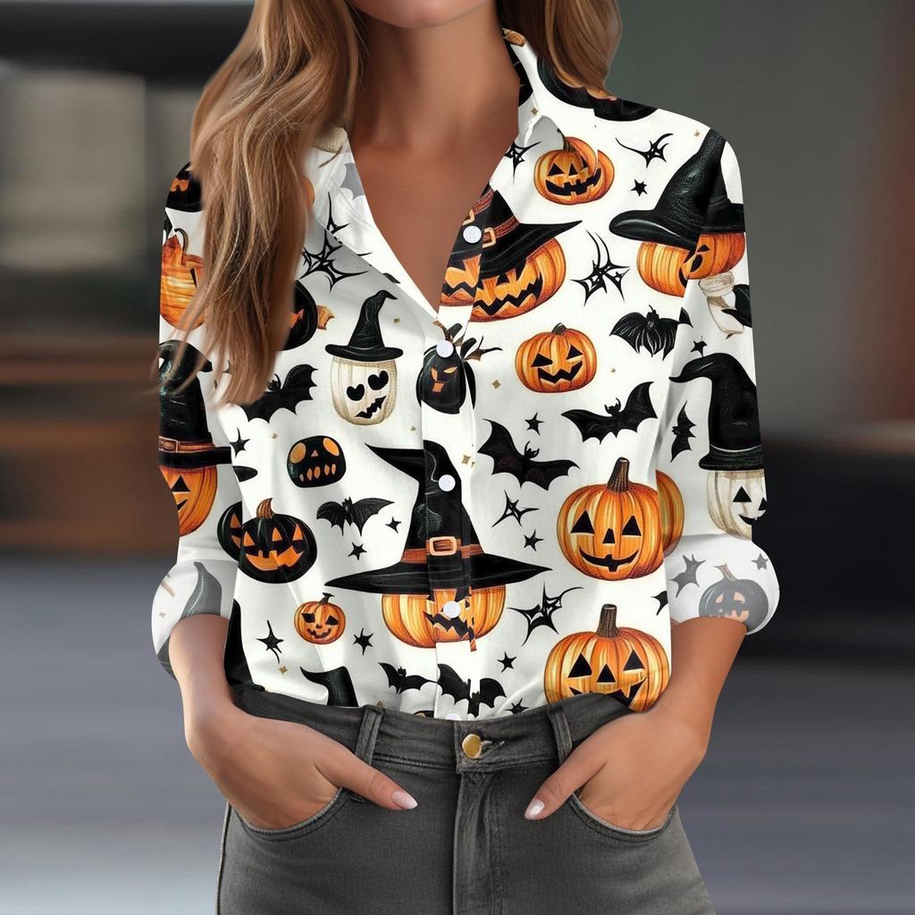 Damen Hemd Bluse Halloween Print Knopf Langarm Lässig Basic Hemdkragen Regulär Top