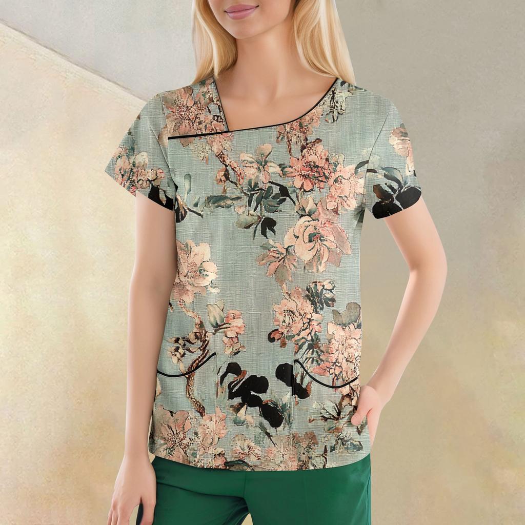 Women's Casual  Print Short Sleeve Sloping Collar Workwear Top With Double Pockets