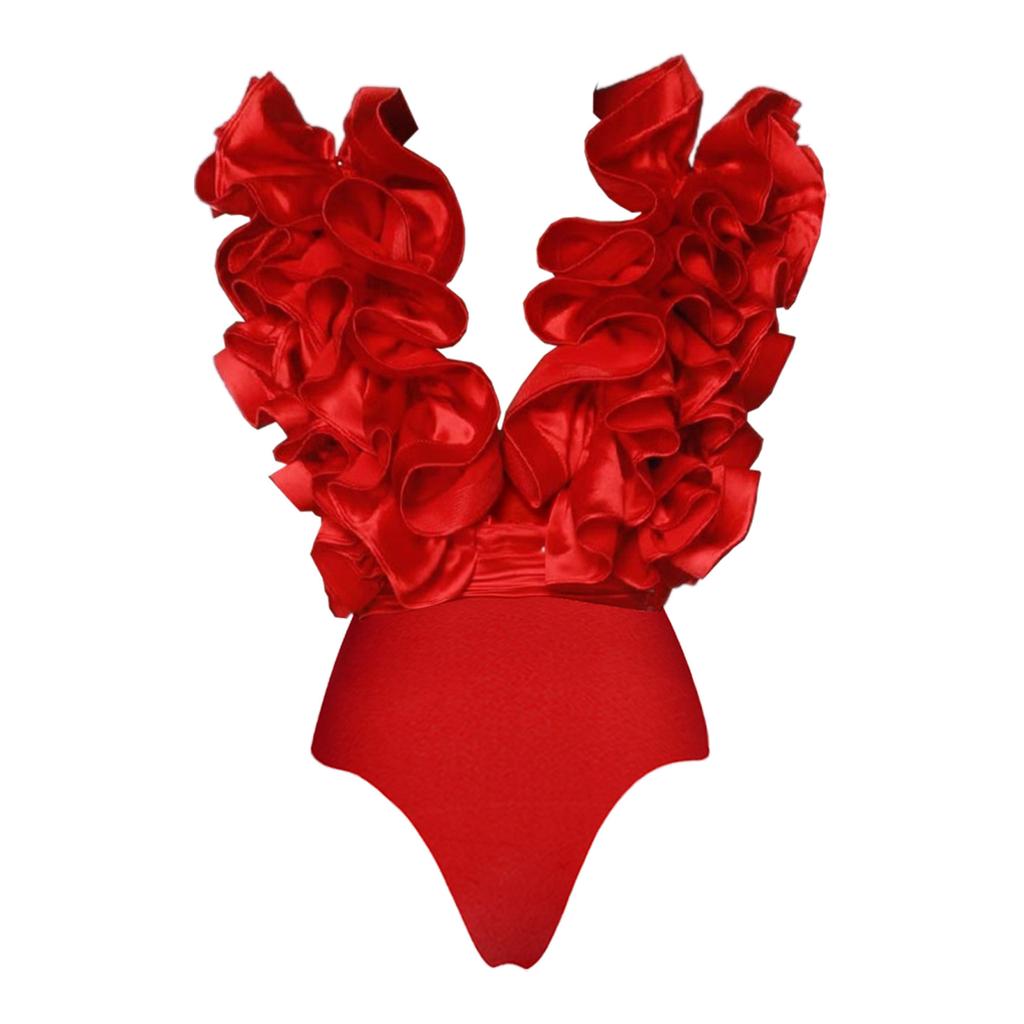 Solid Red Flower One Piece Swimsuit Luxury Women Swimwear Sexy Swim Suit Deep V Monokini Off Shoulder Bodysuit Bathingsuit