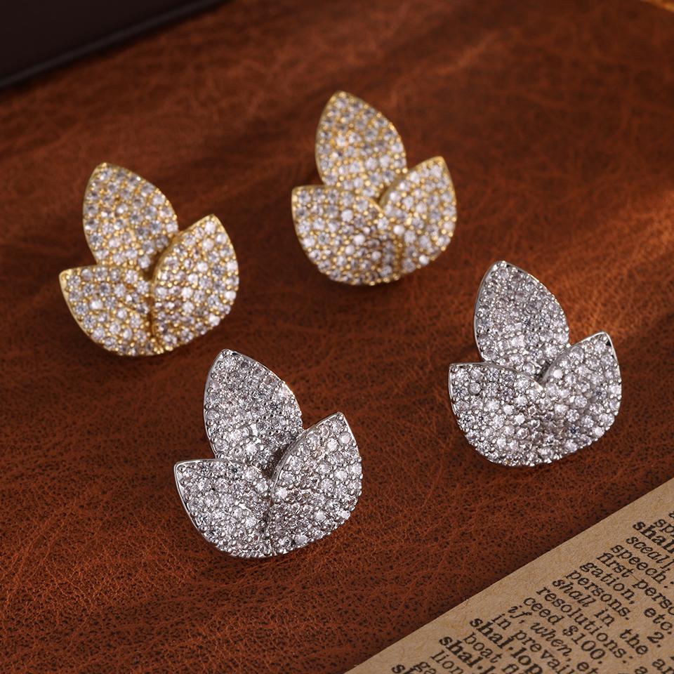 ZAKOL New Full Micro Paved Cubic Zirconia Three Leaves Leaf Flower Earrings for Women Luxury Shining Zircon Wedding Zircon