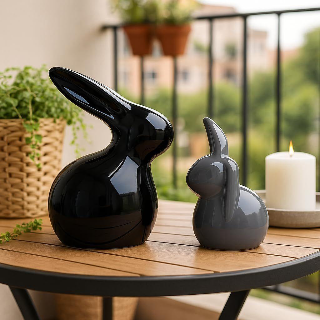 Home Decor Ceramic Rabbit Figurines (Set of 2, Black and Grey)