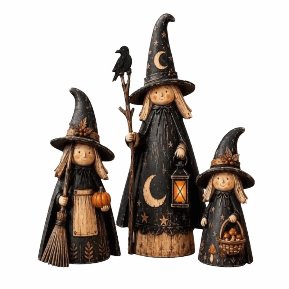 3pcs 2D Flat Crow Witch Statue Set Wooden Desktop Decoration Home Decoration