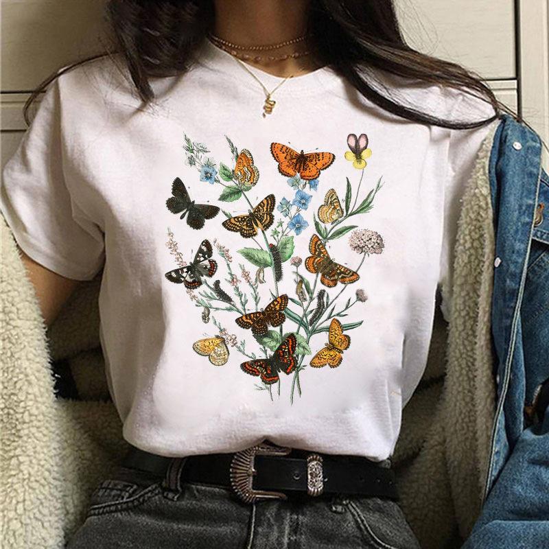 Short Sleeve Summer Fashion Women's Clothing Beautiful Watercolor Butterfly Printing White Ladies Casual Loose Personality TT-shirt