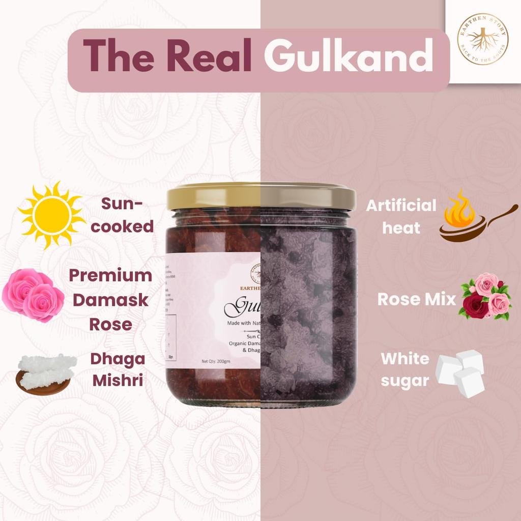 Earthen Story Sun Cooked Gulkand bez cukru 200g | Testováno v laboratoři na 290+ pesticidů | Čistá indická růže damašská a Dhaga Mishri | 100% Přírodní